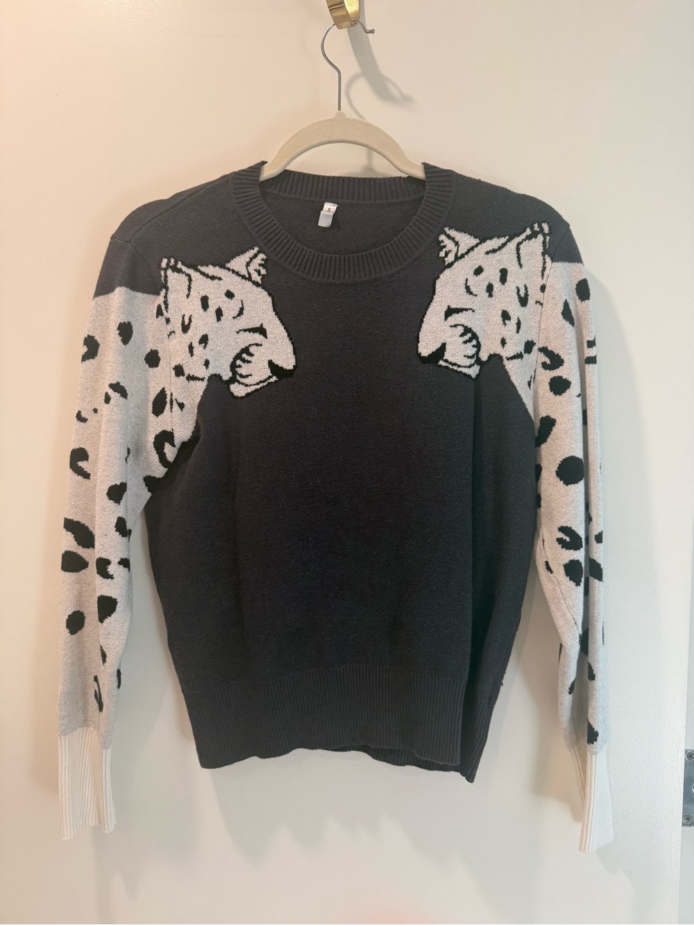 Crewneck Sweater with White Leopard Shoulder Detail